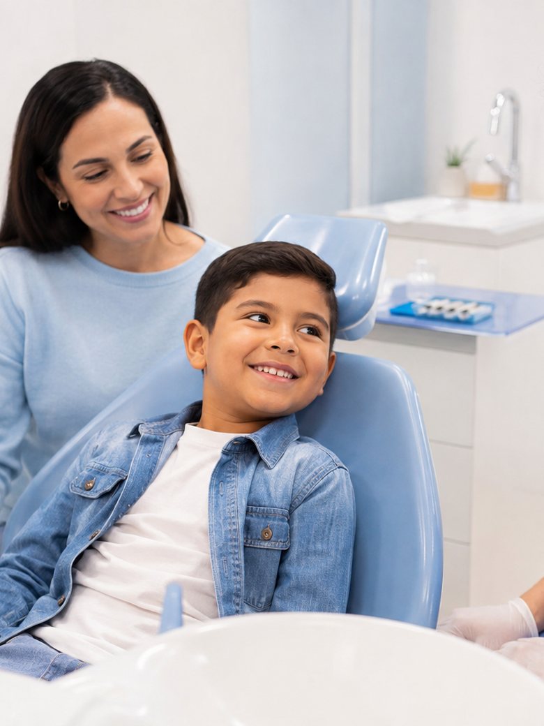 Niño sonriendo en el sillón junto a su mamá y la odontóloga